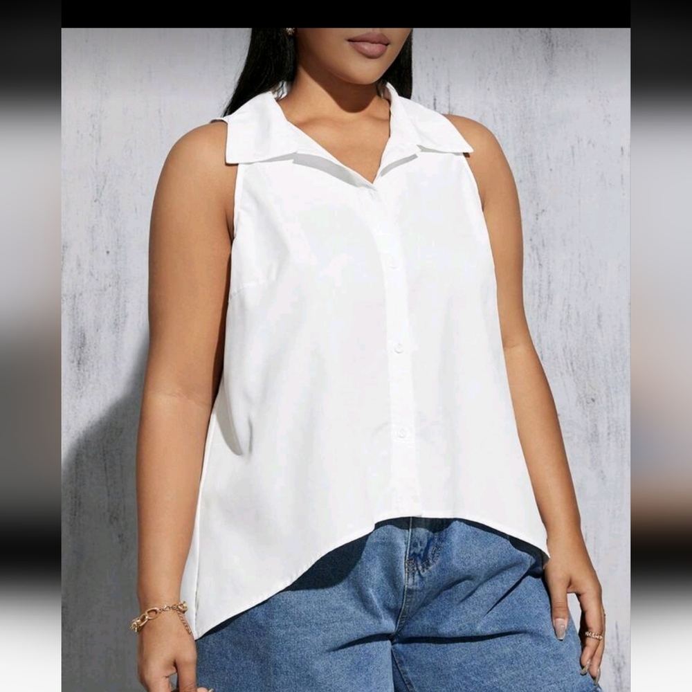 White Sleeveless Button-Front, Bow Back Collared Top - Women's